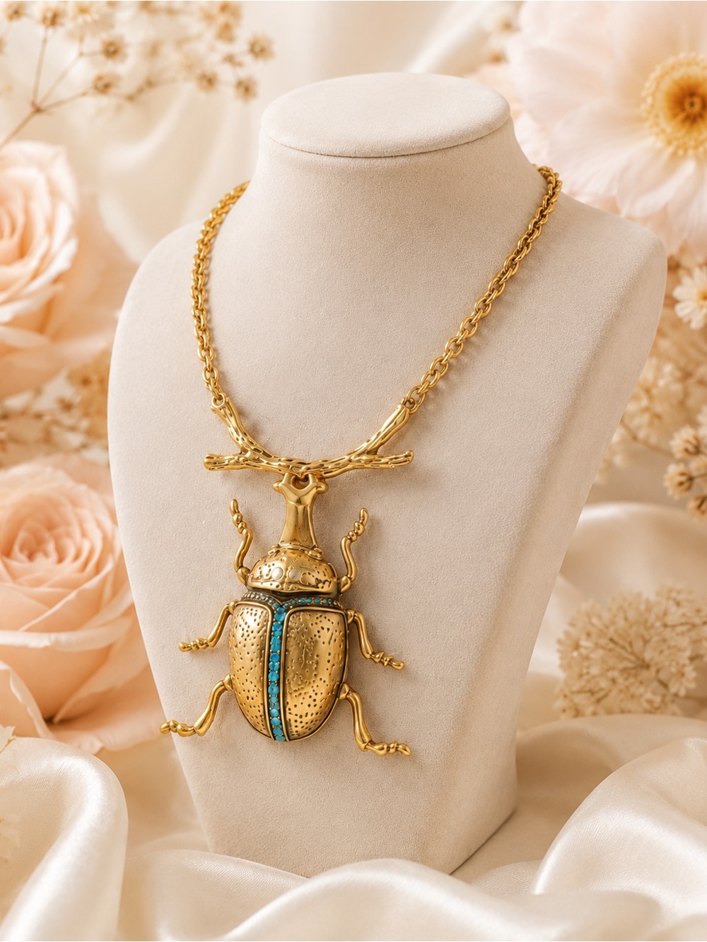 Gold Beetle Pendant Necklace with Turquoise Accent - Women Jewelry
